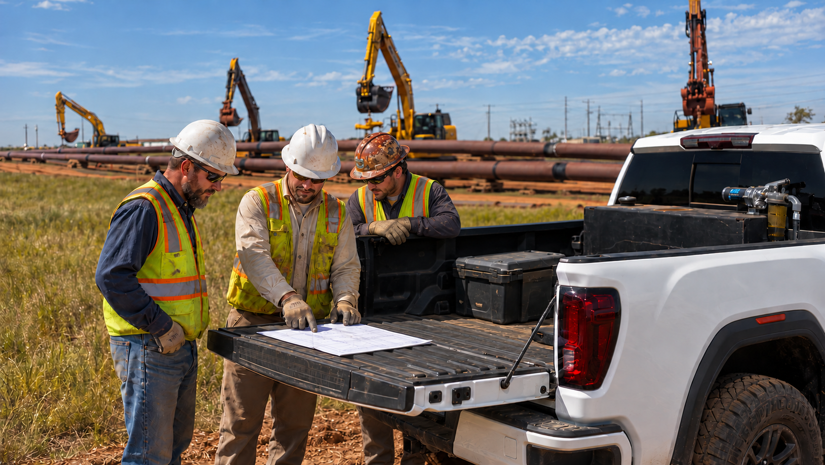Three Gateway workers review project plans at a pickup truck’s tailgate.